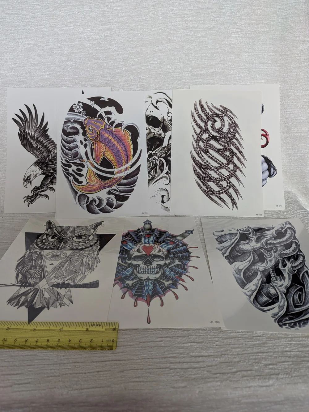 Temporary Tattoos Large Sized Set Of 8 Owls ,Eagles, Snakes, Skulls, Etc